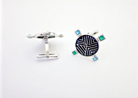 Classy, round, Bidri cufflinks with faceted square stones - Lai