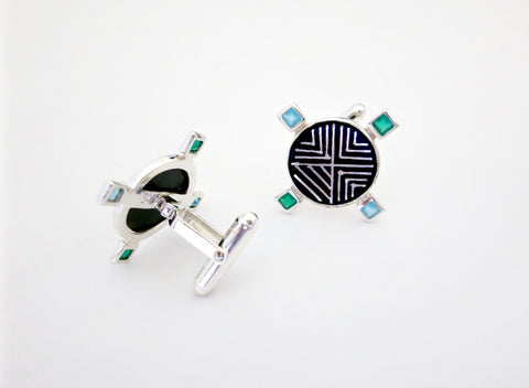 Classy, round, Bidri cufflinks with faceted square stones - Lai