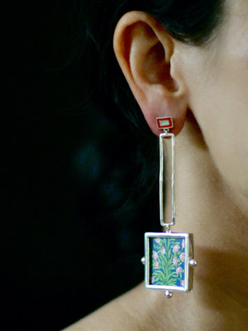 Conversation-starting, statement making, square and round, 'gul' floral earrings - Lai