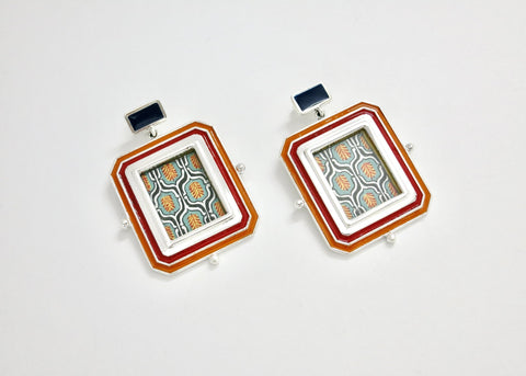 Opulent, 'qaleen' (carpet) miniature painting rectangular earrings - Lai