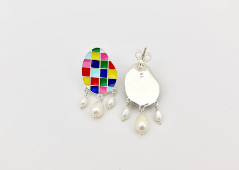 Stunning, colour grid, pearl drop 'varnin' earrings - Lai